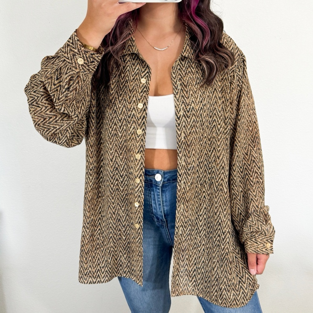 Brown and black chevron printed button down shirt